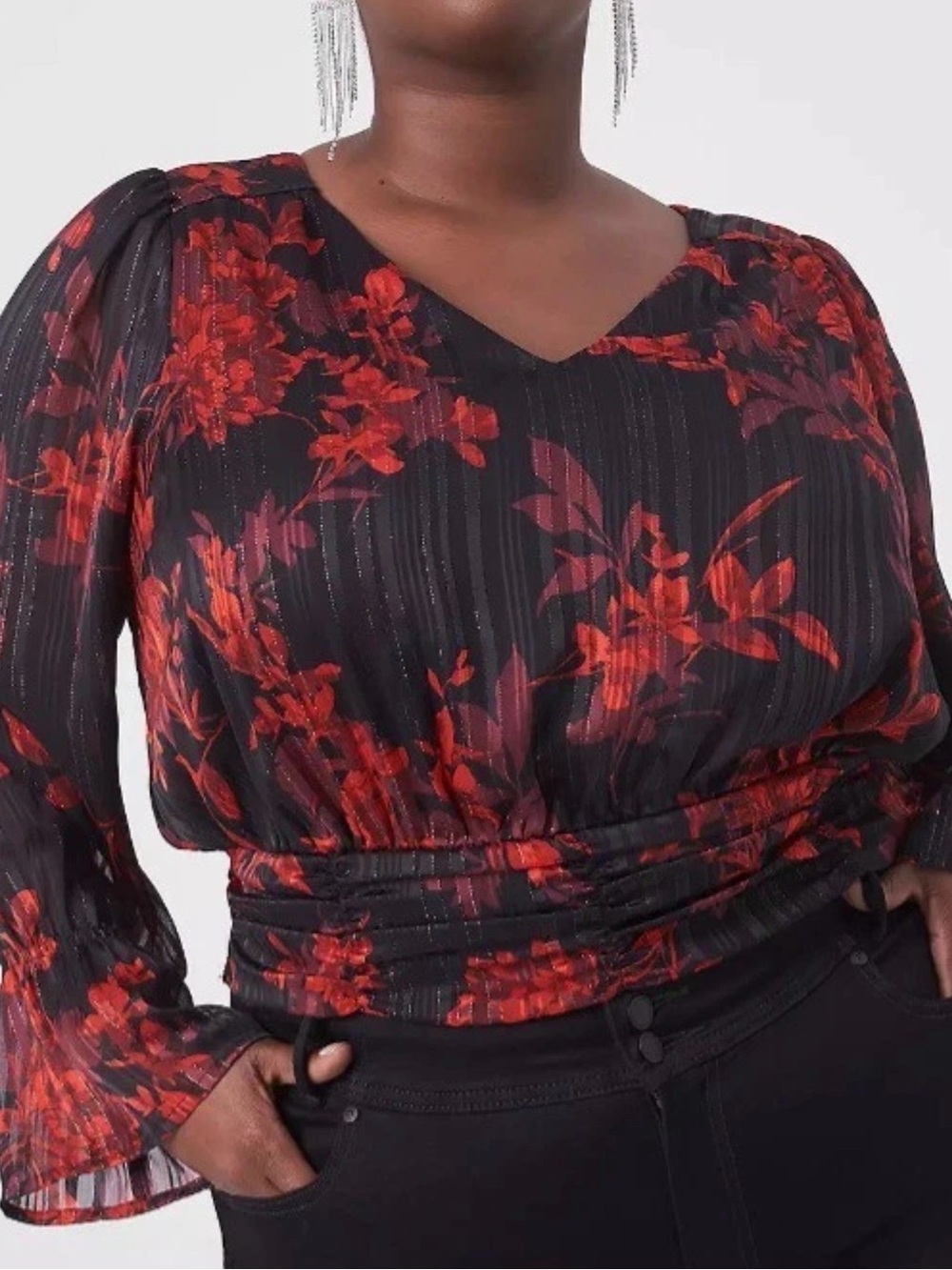 Lane Bryant Black Sheer Blouse with Red Floral Print
